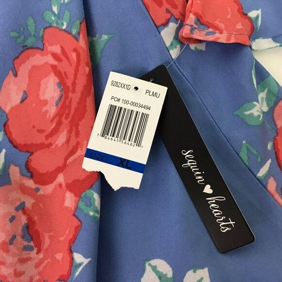 NWT Sequin Hearts XL Blue Floral Rose Blouse Roses Off Shoulder Bell Sleeves - Picture 7 of 10